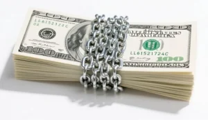 Chained stack of dollar bills by metal chain on white. Security and protection money concept.