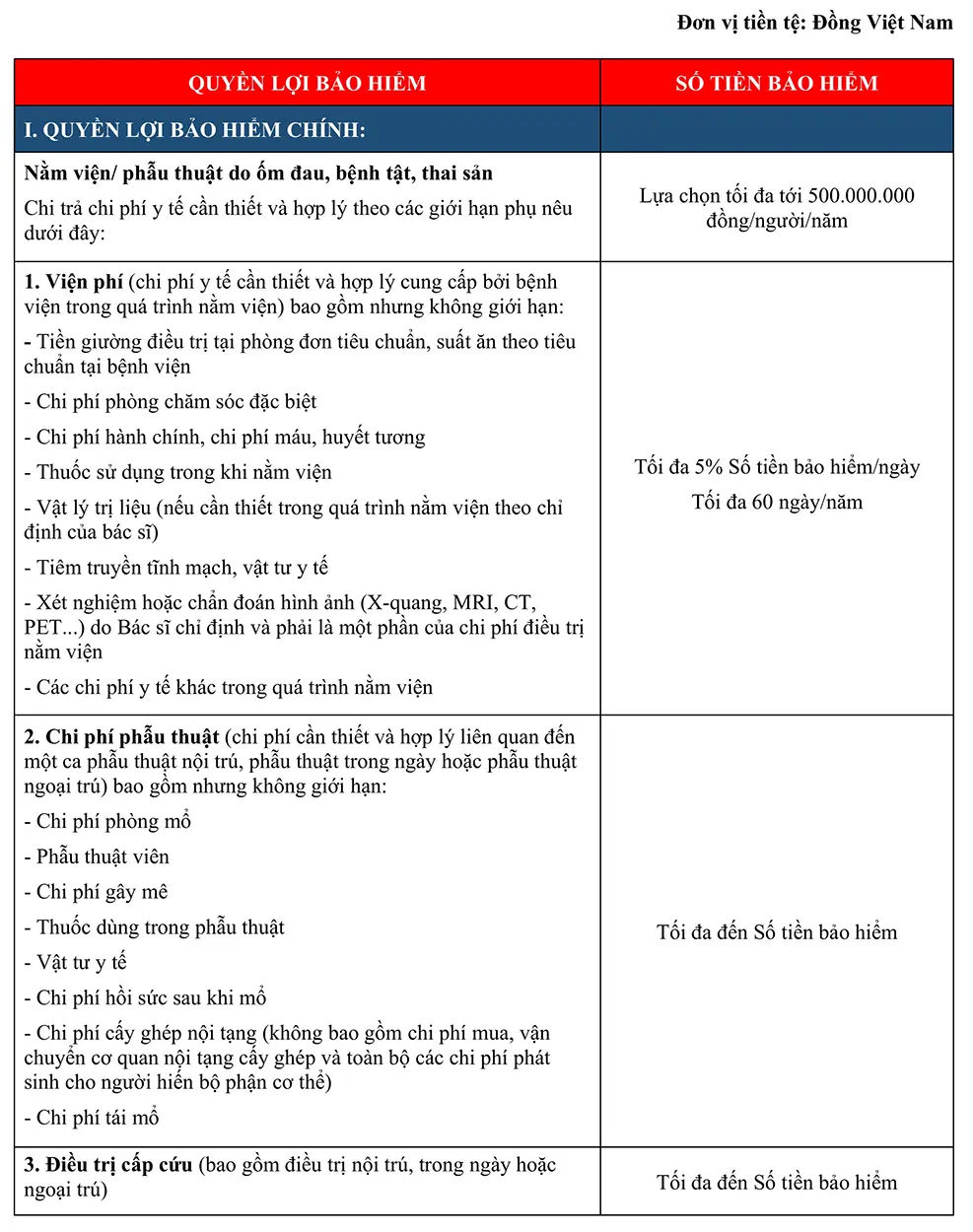 Bảng quyền lợi bảo hiểm PVI Care
