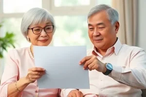 Charming senior man and woman reading documents at their house