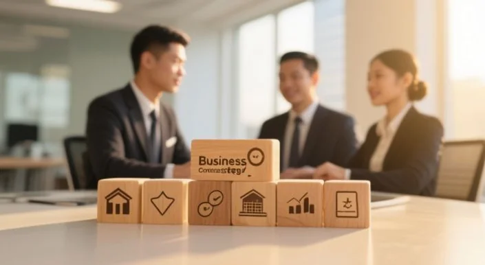 business concept with wooden blocks with icons building business strategy