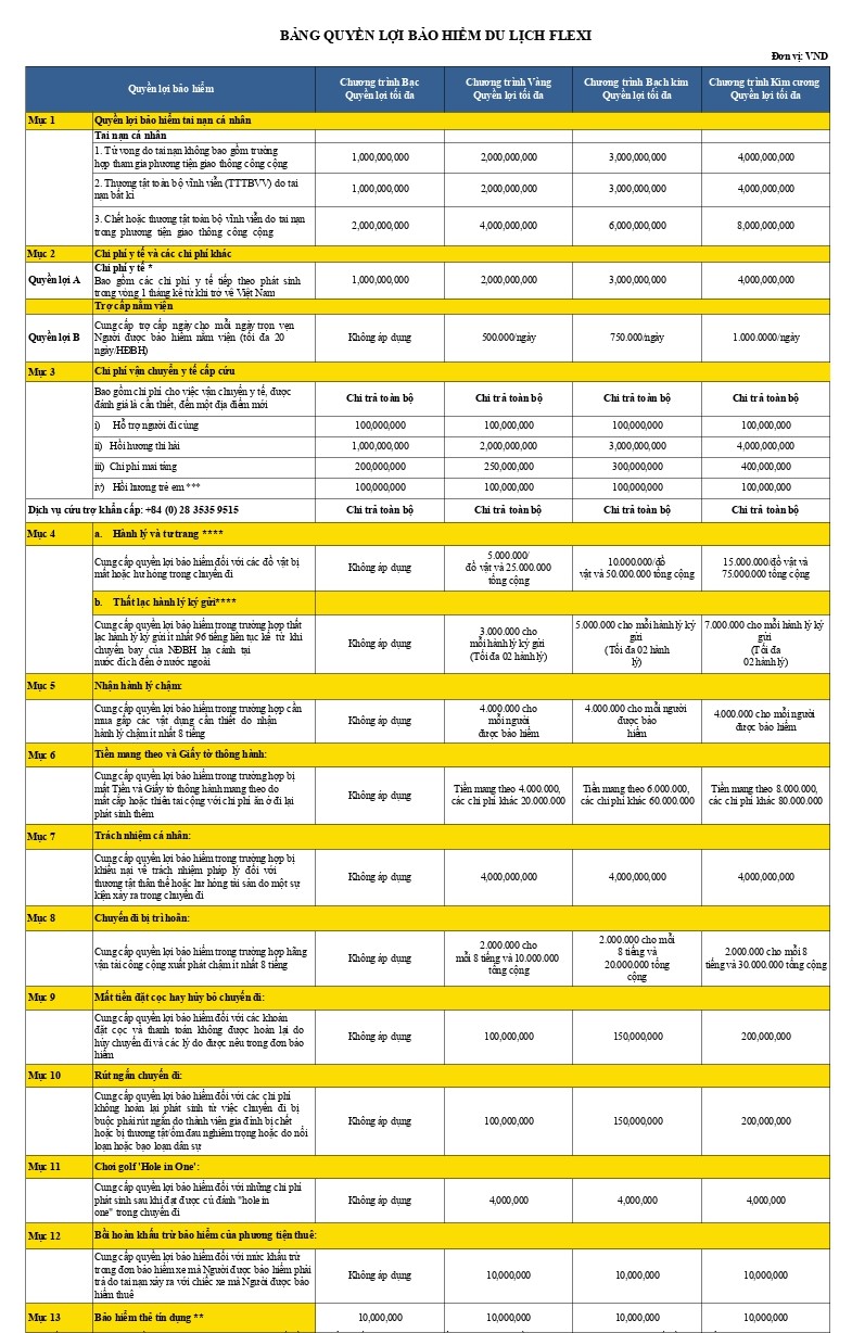 Bảo hiểm du lịch nước ngoài - Quyền lợi, Điều kiện & Thủ tục 13 Bảng quyền lợi bảo hiểm du lịch quốc tế FLEXI
