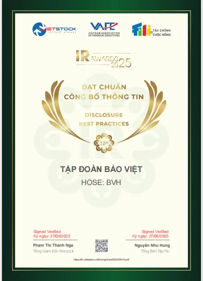 Bảo Việt nhận danh hiệu "Doanh nghiệp đạt Chuẩn Công bố Thông tin năm 2025"
