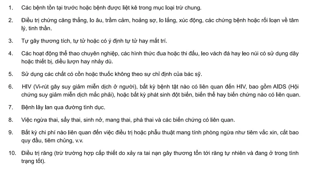 Bảo hiểm du lịch Liberty 14 Các điểm loại trừ chính